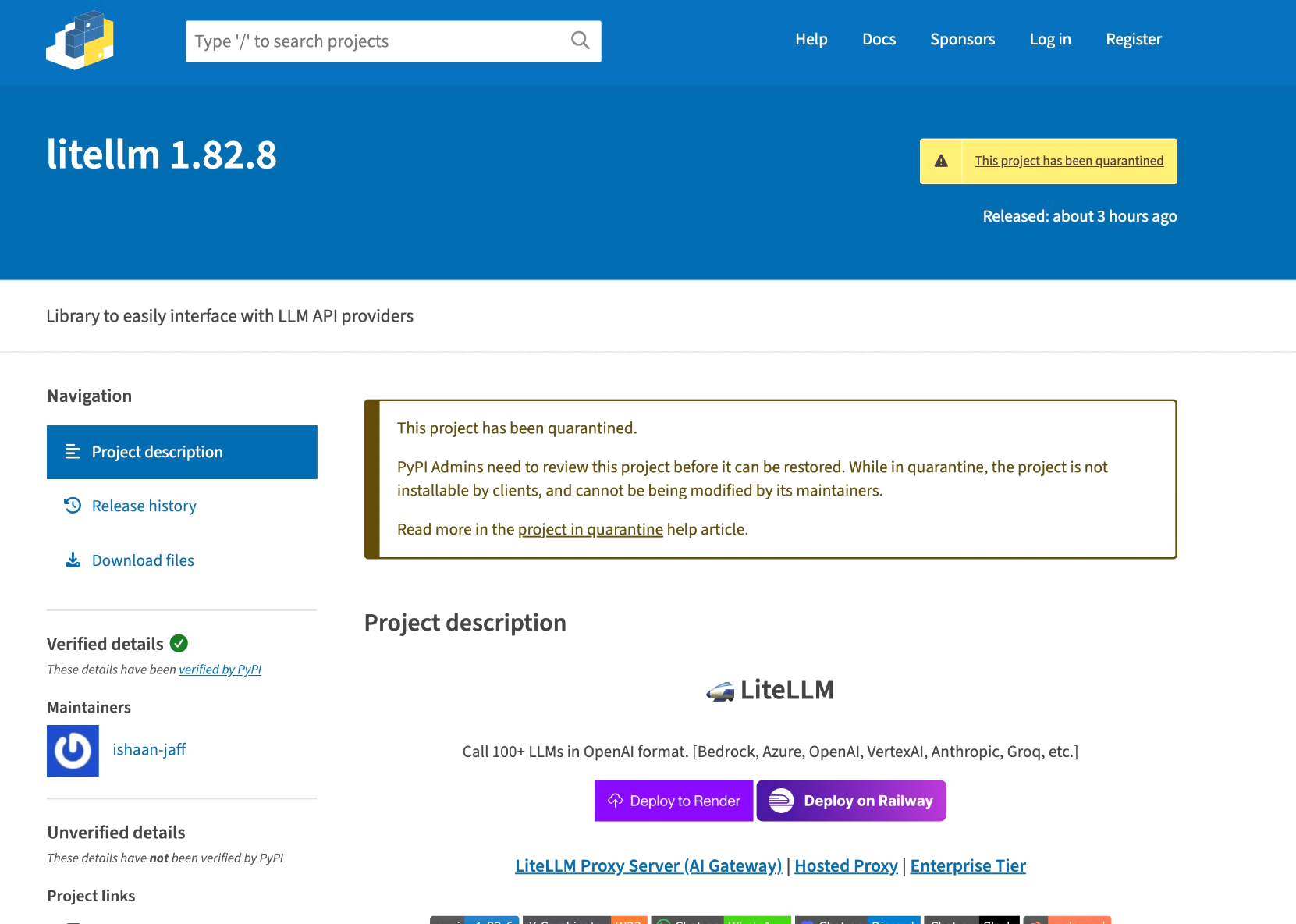 PyPI quarantine notice for LiteLLM 1.82.8 — the project has been quarantined and is not installable by clients