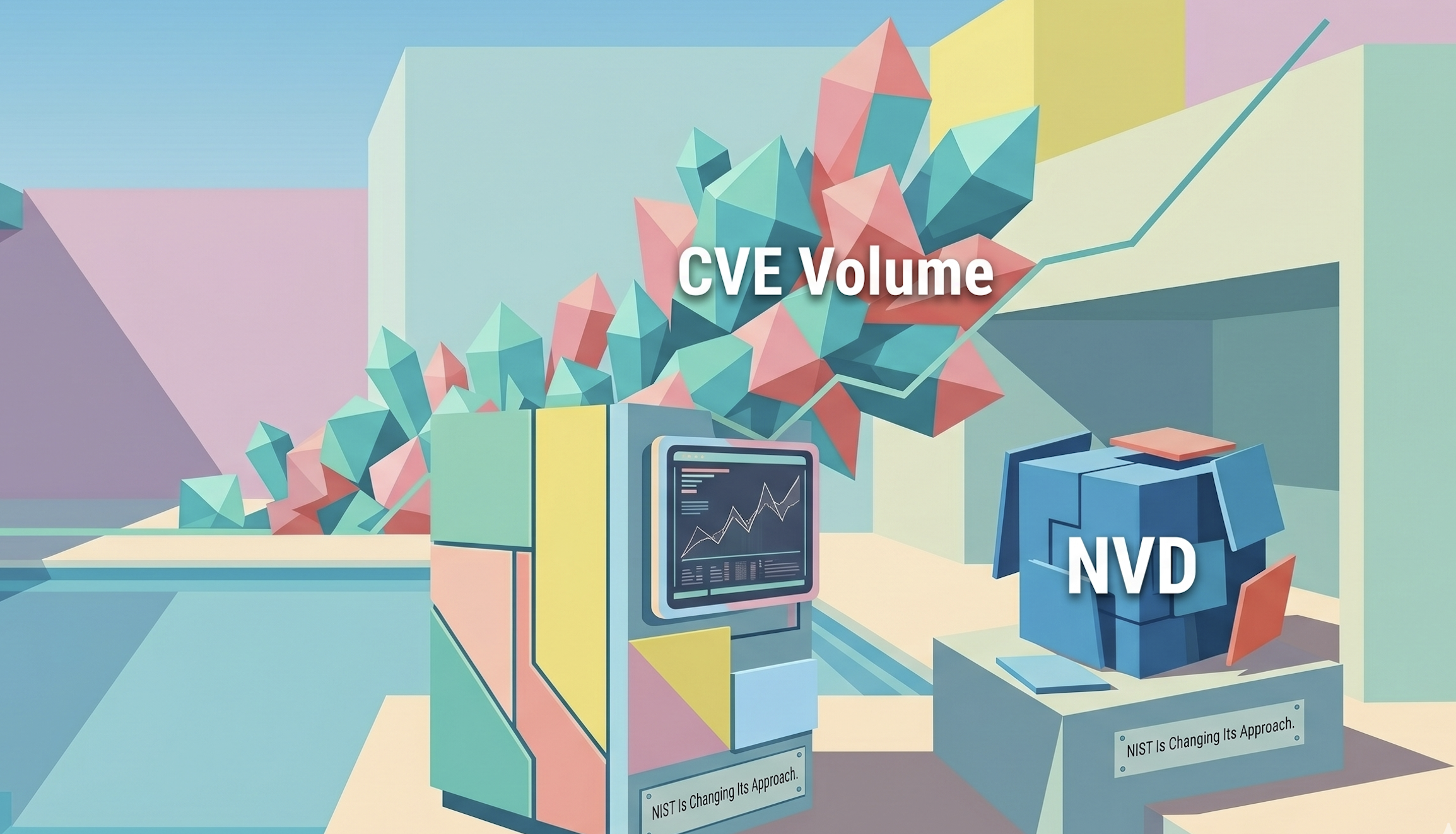 Illustration showing CVE volume overwhelming the NVD, with a flood of vulnerability records pouring into a small processing box